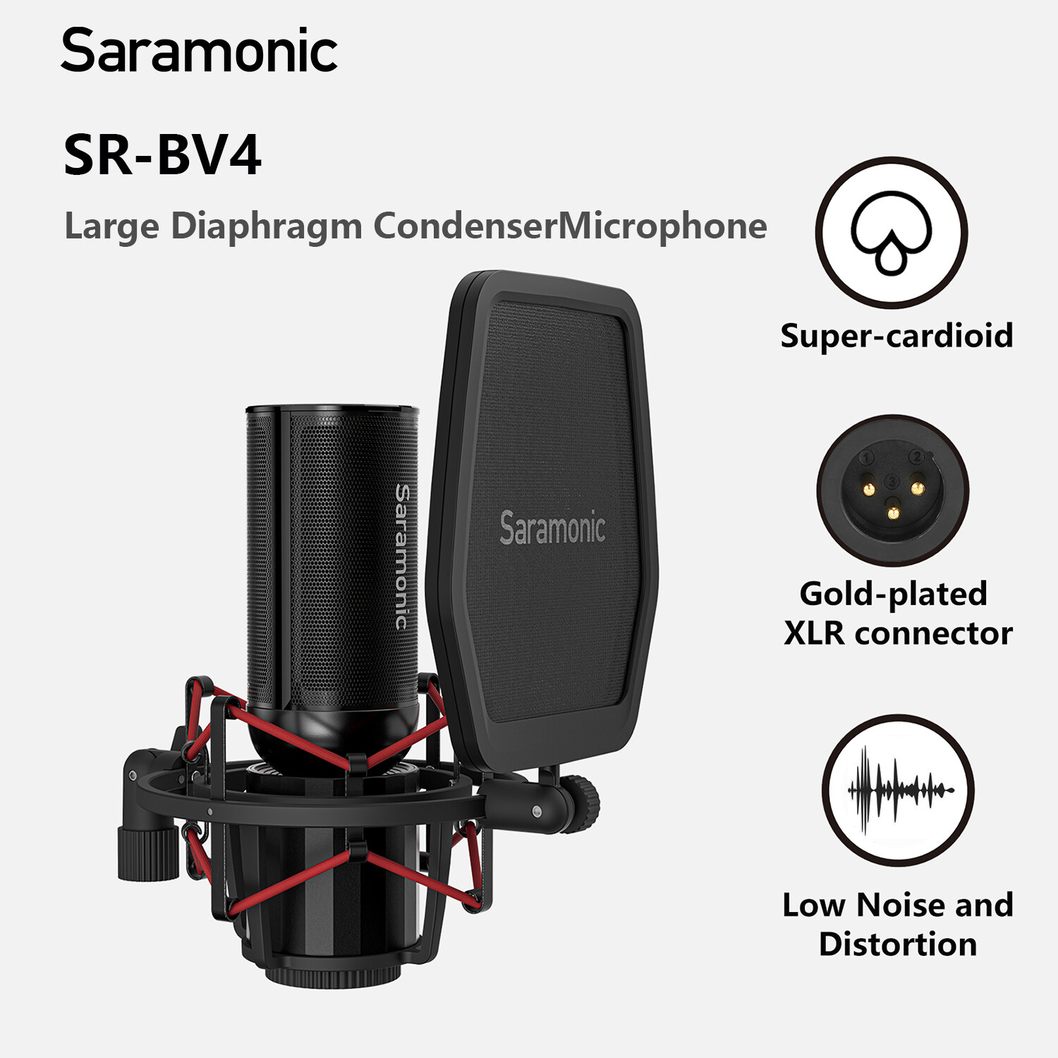 Saramonic SR-BV4 34mm Large Diaphragm Microphone Multi-Pattern Studio Condenser Microphone With Shock Mount and Pop Filter For Music, Vocals, Podcasting, Gaming, Streaming，XLR Output- Black ราคา 7,000 บาท*ส่งฟรี