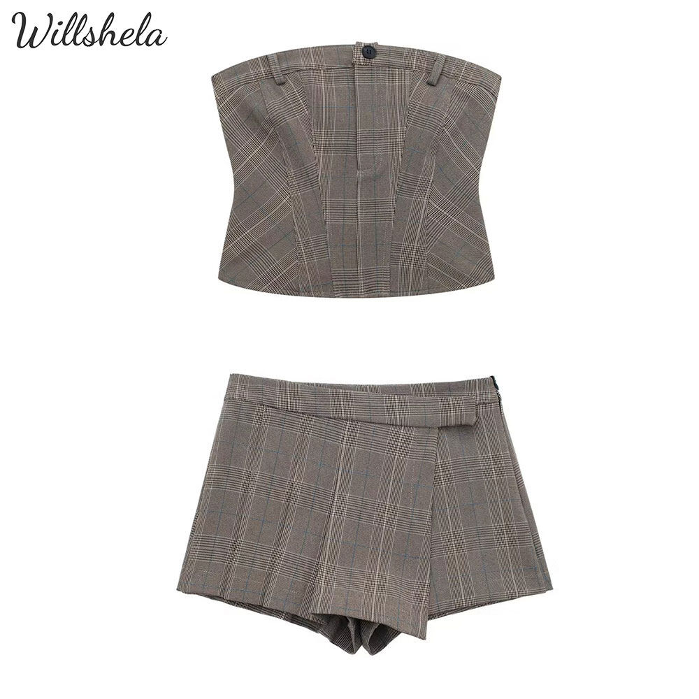 Willshela Women 2 Pieces Sets Offshoulder Plaid Print Corset Camisole And Skort Female Chic Lady Chic Y2K Vintage Korean Tops Tank And Shorts Suit