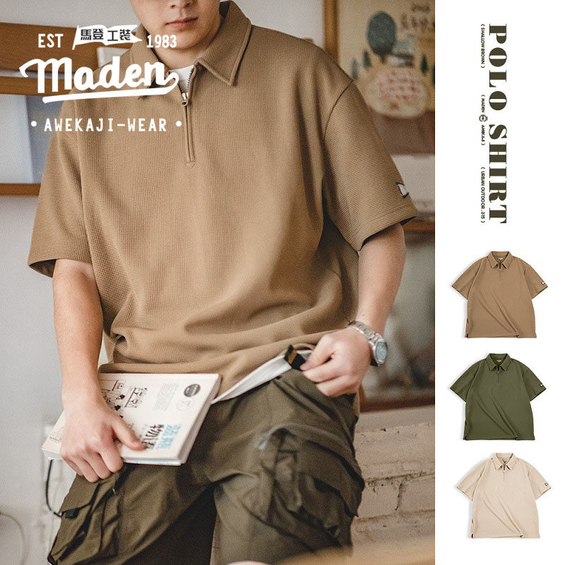 Maden brand 2024 new summer men Japanese gentleman retro mature waffle profile everyday solid color polo collar boyfriend short sleeve T-shirt