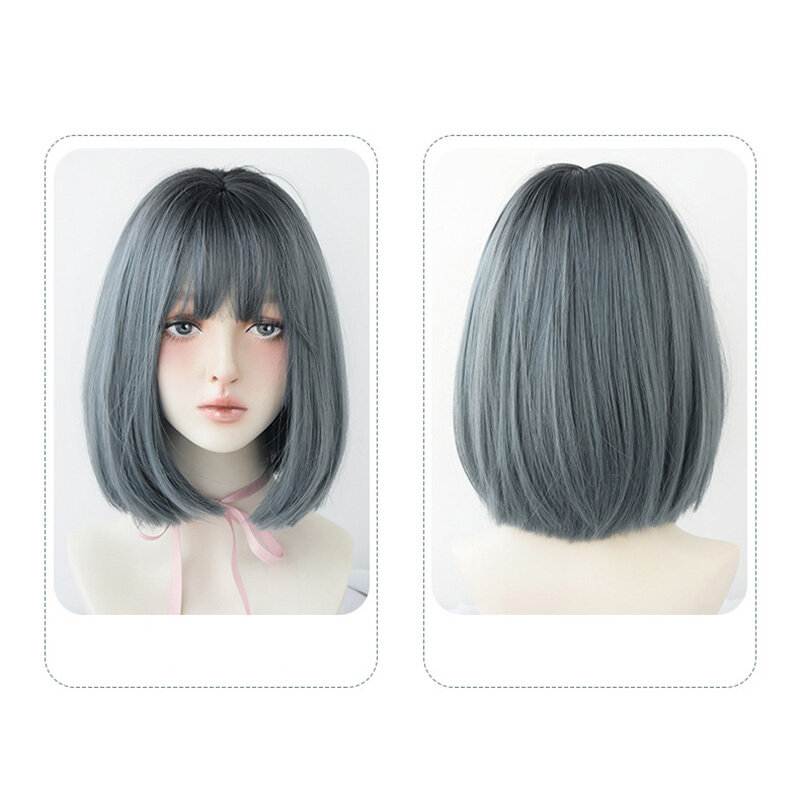 Gambar Wigs Short Bob Wig With Bangs Beige Straight Hair Wig for Women Full Wig with women wig Bob Wig With Bangs Bob Wig With Bangs Beige Straight women daily fashionable