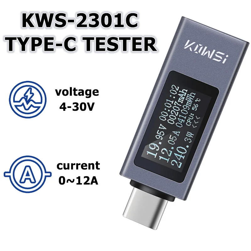 Loại-C Tester DC 4-30V 0-12A vôn kế kỹ thuật số thời gian Ampe kế điện tử Monitor sạc dự phòng chỉ số màn hình LCD Meter