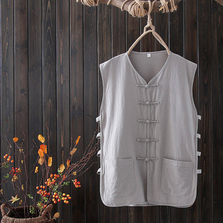 Summer thin cotton and linen Chinese style Tang suit vest man buckle retro Han Chinese clothing Old Man shirt Chinese style vest waistcoat men