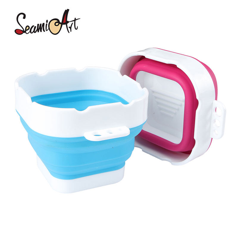 Seamiart xô mini gấp gọn bằng silicon kèm cọ đựng bút để rửa cọ vẽ