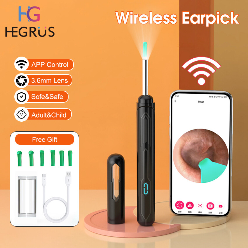 HEGRUS Wireless Earpicks LED Flash Light Ear Pick WiFi Ear Pick Intelligent Cleaner Safe Easy Earpick Tool Wax Cleaner Remover With Visual Ear Wax Cleaner for Baby Adults Kids Ear Cleaner ราคา 206 บาท*ส่งฟรี