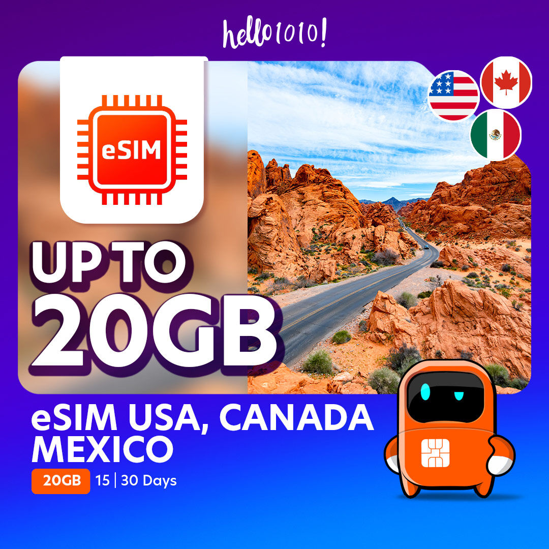 eSIM USA, Canada, Mexico (10GB/20GB) - Jenama Hello1010.my Harga 85 Ringgit*Penghantaran Percuma