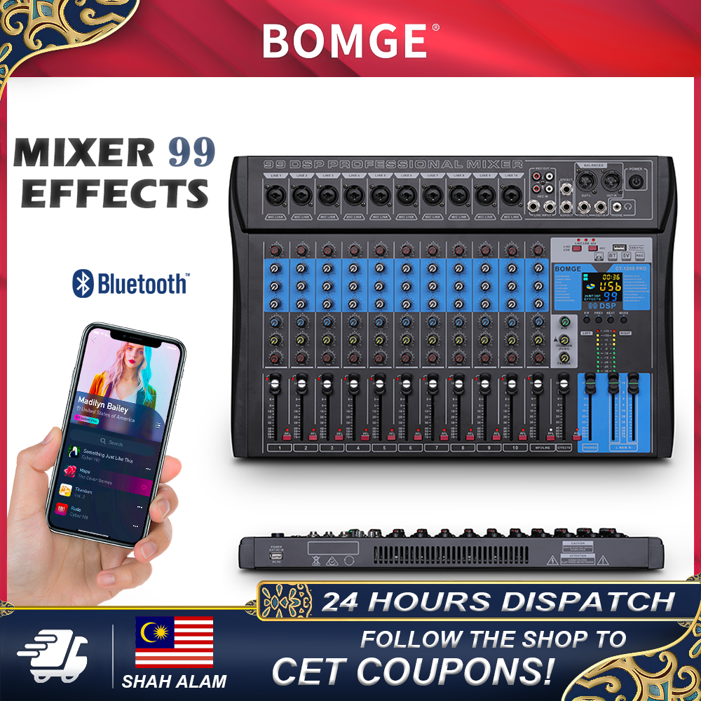 BOMGE Audio Mixer CT120S/CT80S/CT60S Series Stereo Mixer Professional Mixer Sound Board Console 12 Channel Desk System w/USB Audio Interface USB-B Recording, BT Function, 99 DSP Effects, 48V Phantom Power Stereo DJ Studio FX Steel