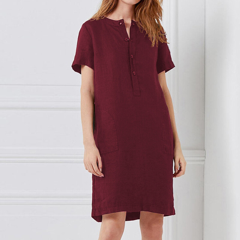 Celmia nữ nữ vintage vải lanh cotton cổ tròn tay ngắn nút dáng rộng áo đầm