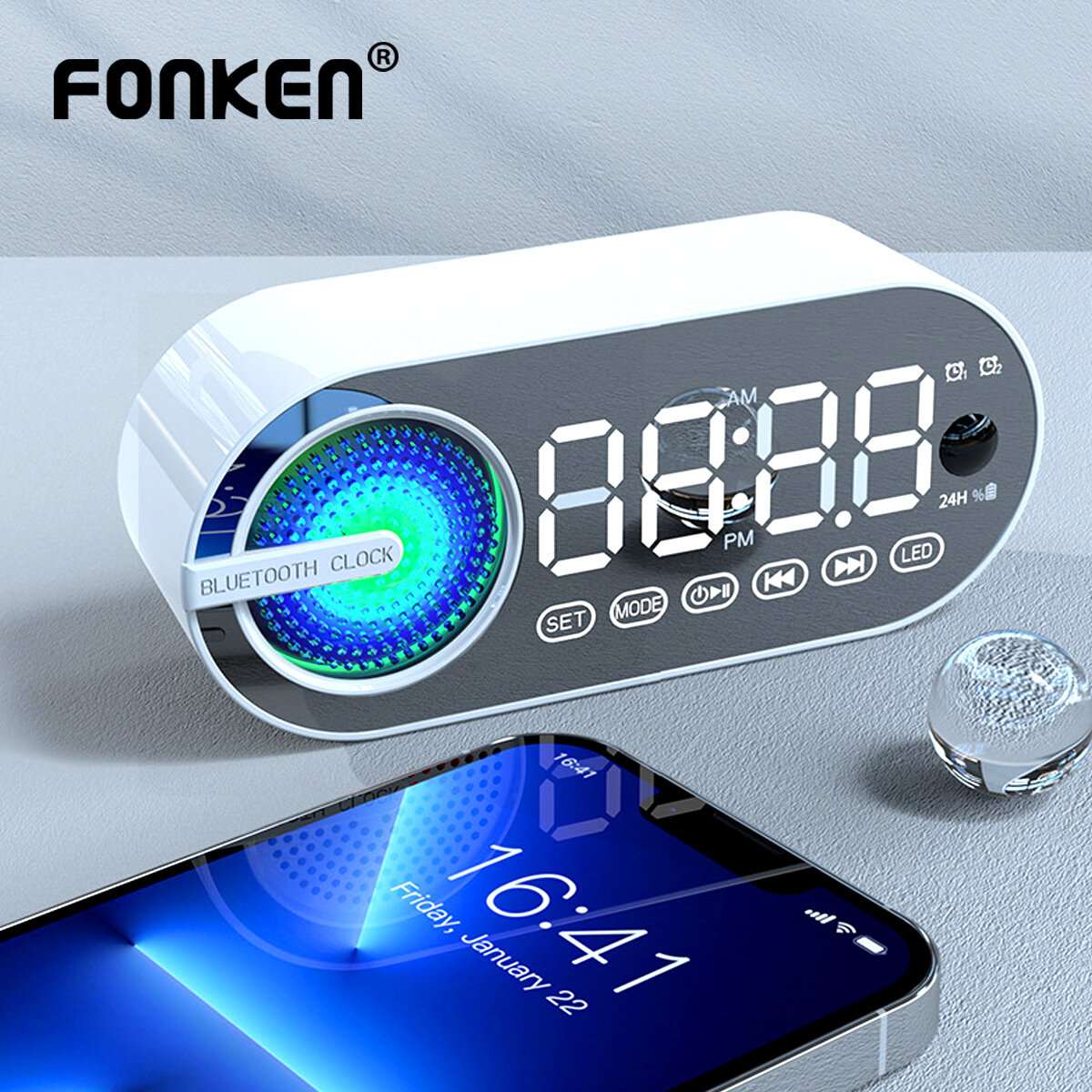 FONKEN New Wireless Bluetooth Alarm Clock Dual Alarm Clock Speaker Digital Clock with TF Card FM Radio Bass Speaker ราคา 255 บาท*ส่งฟรี