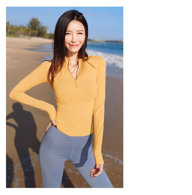 SUPERFLOWER Frauen Sport Shirts Einfarbig Reißverschluss Hohe Elastische Gym Yoga Top Atmungsaktive Langarm Sexy T-Shirts_voghion.com