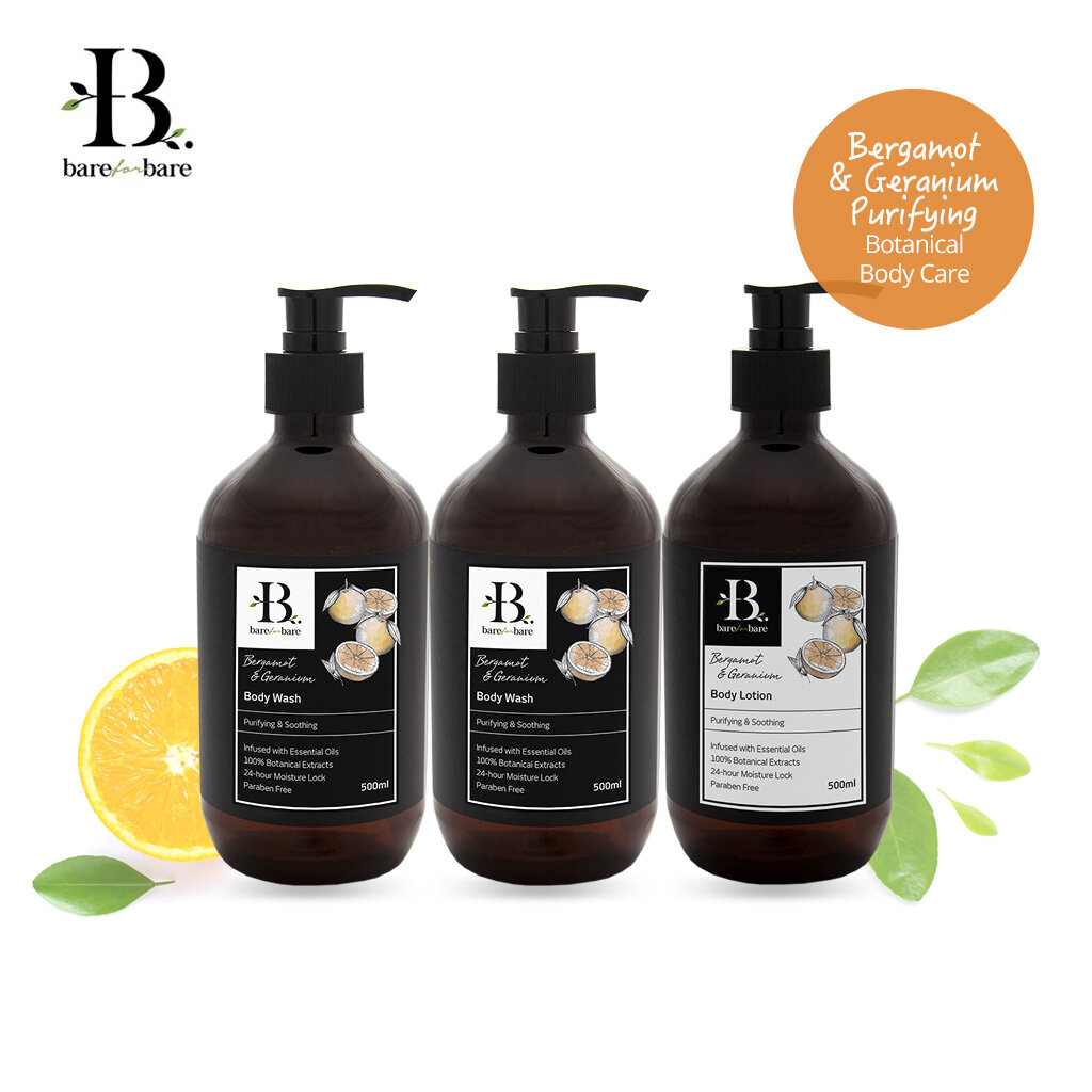 Gambar (3 x 500ml) Bare For Bare Purifying Bergamot   Geranium Body Care Set   With Pure Essential Oil | 100% Botanical Extract