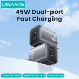 USAMS 45W GaN Wall Charger Dual Port USB C Fast Charging Adapter US/UK/EU Plug Portable USB Travel Charger Adapter for Laptop Mobile Phone Charger