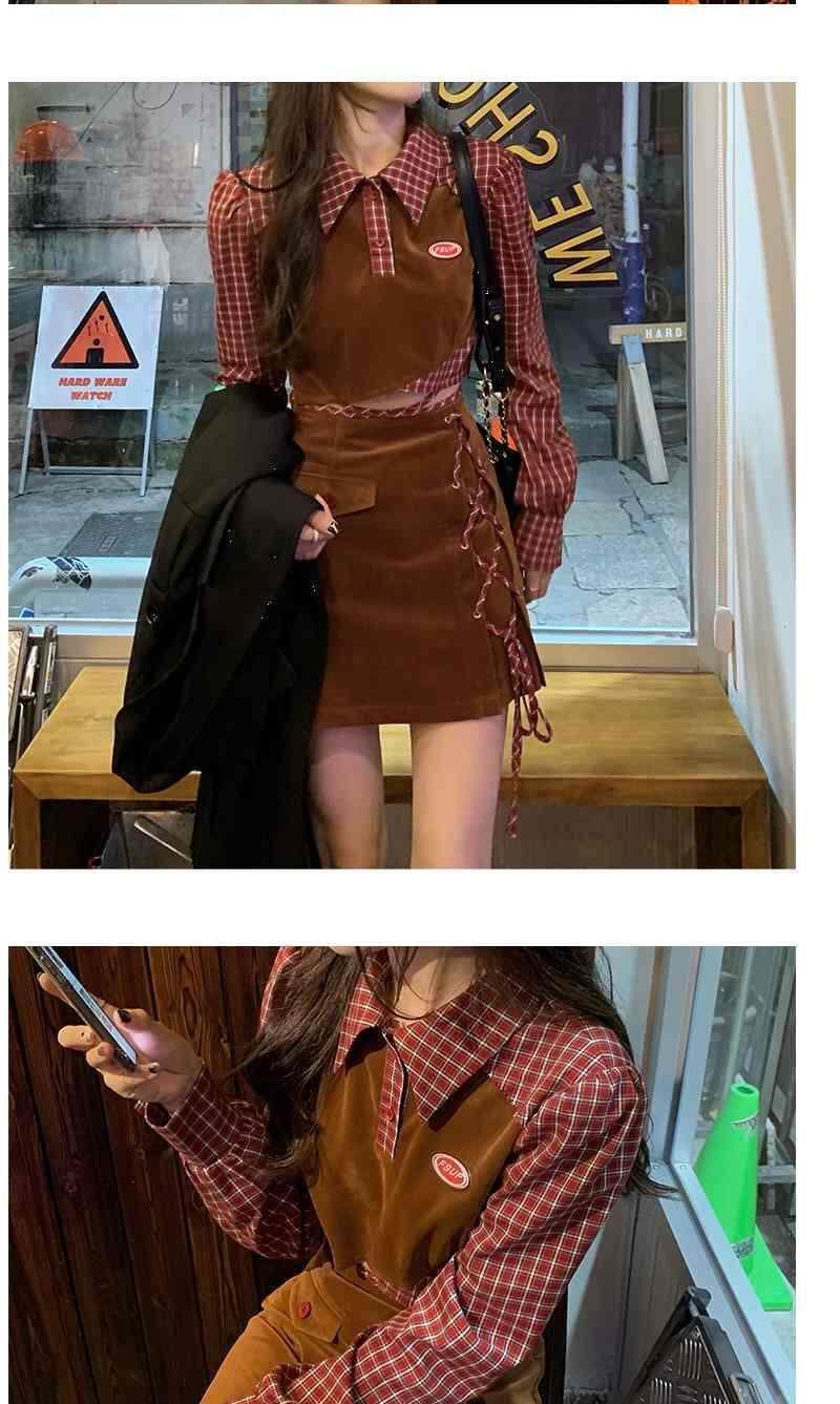 Niche design stitching plaid top hot girl tied top short skirt two-piece set 2021 New fall women's clothing