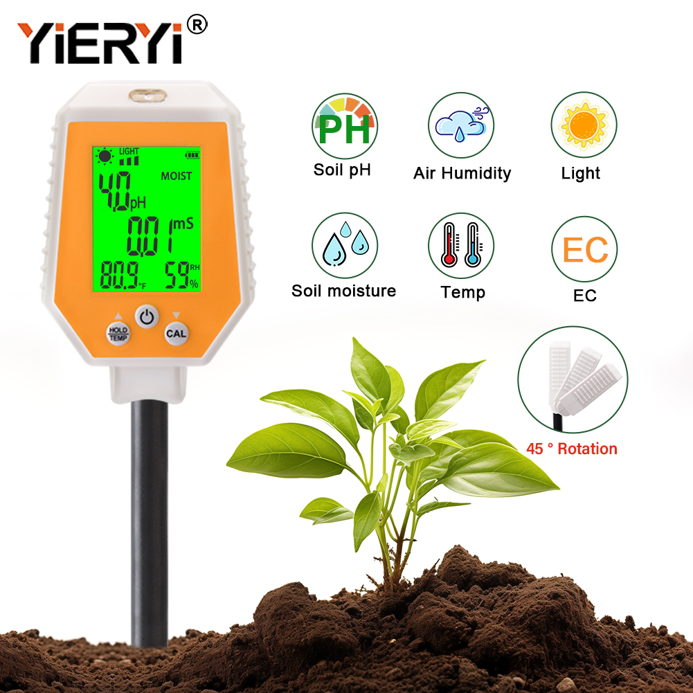 Yieryi Máy đo độ ẩm đất, ẩm kế 6 trong 1 dụng cụ kiểm tra độ PH của đất/Temp/ánh sáng mặt trời/độ ẩm không khí/Ec máy đo đất cho vườn, bãi cỏ, trang trại, vườn cây ăn quả, rau