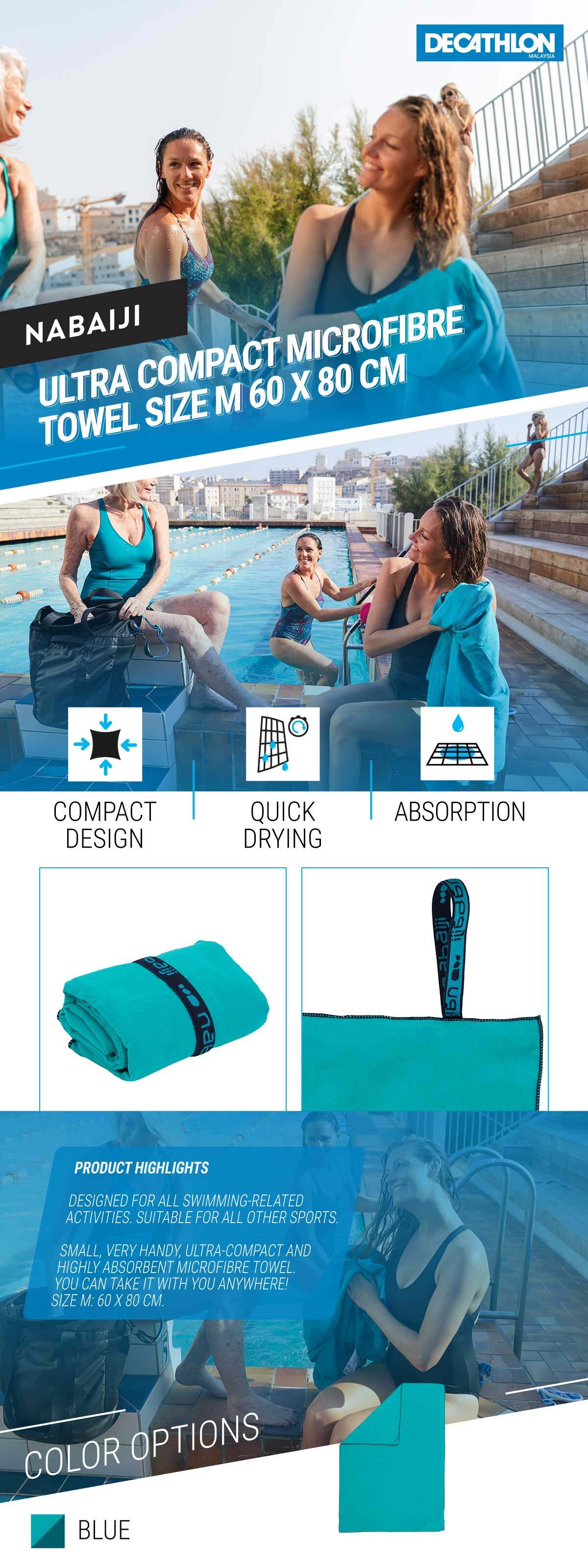 Swimming Microfibre Towel Size M 60 x 80 cm Blue