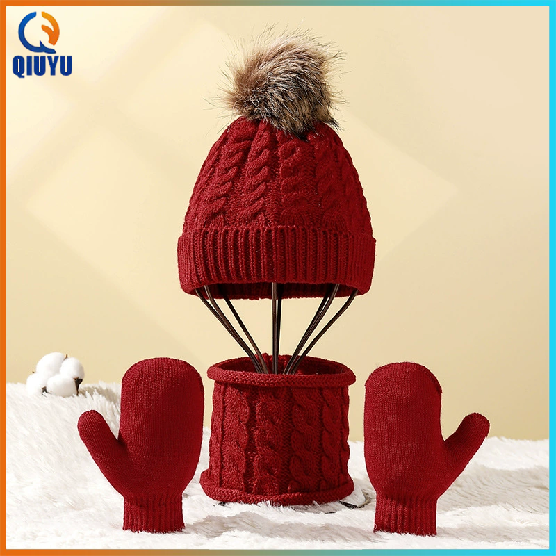 QIUYU 3Pcs Baby Hat Scarf Gloves Set Big Pompom Crochet Children Toddler