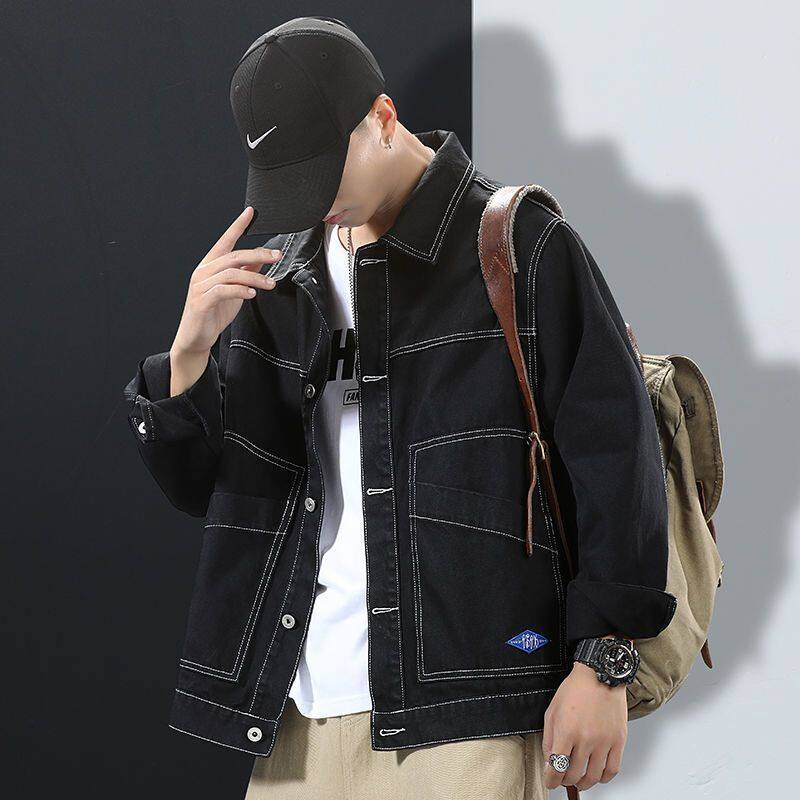 Áo khoác denim cho nam áo khoác dáng rộng 4xl ngoại cỡ mới 2022 áo khoác công cụ màu đen phong cách instagram thường ngày hàn quốc áo khoác denim cho nam