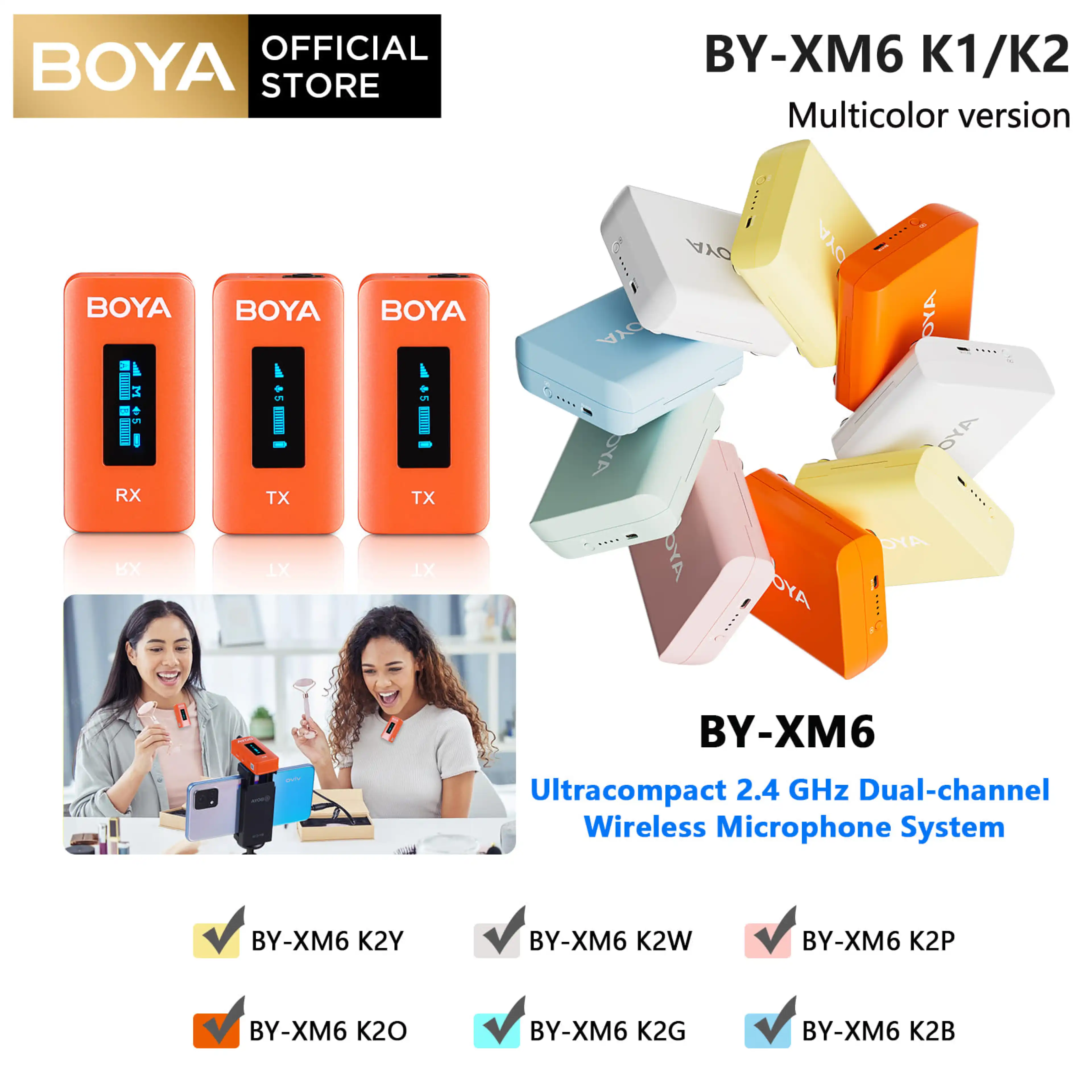 BOYA BY-XM6 K1/K2 Multicolor Version Wireless Lavalier Microphone 2.4GHz Dual-Channel Microphones with Charging Case for Camera DSLR iPhone Android Phone,328ft Transmission Gain Adjust Mute Control Noise Reduction for Recording Vlog