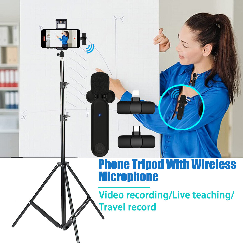 Wireless Lavalier Microphone With Tripod for Phone and Tablet Portable Mobilephone Noise Cancelling Mini Mic Vlogging