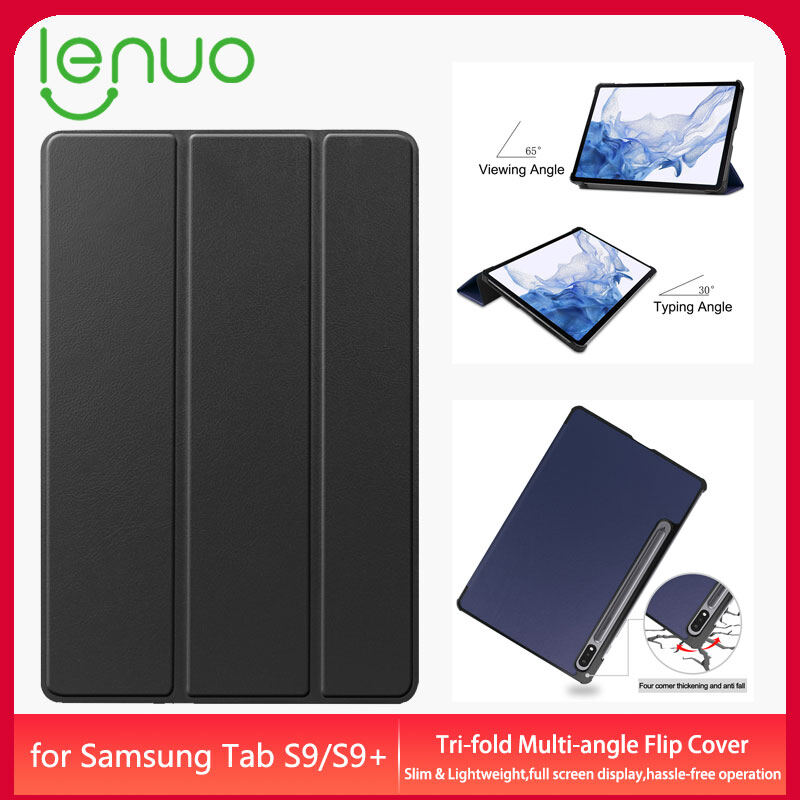 Lenuo bao da samsung galaxy tab s9 s9+ x710 x810 case slim tri-fold magnetic smart flip cover full coverage casing