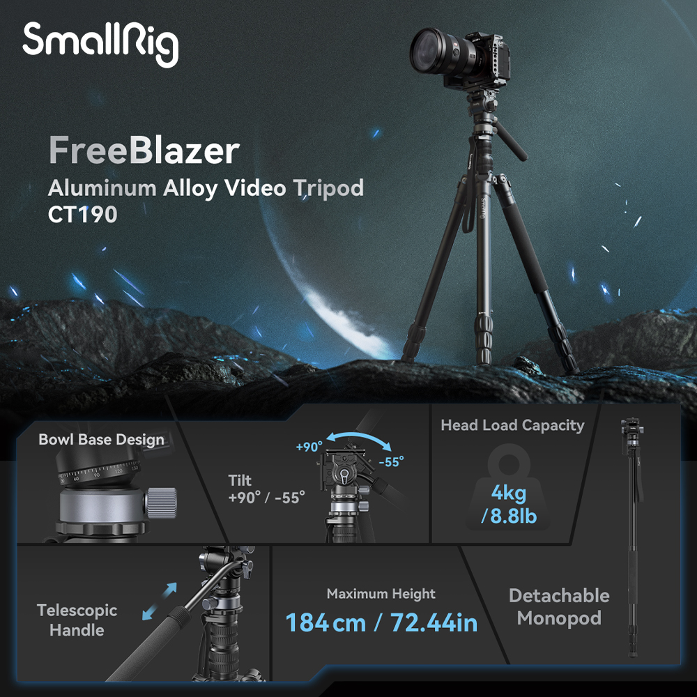 SmallRig 72" Giá đỡ ba chân du lịch nhẹ có thể gập lại Monopod với cột cân bằng cột trung tâm Đầu chất lỏng cơ sở Chân khóa núm hợp kim nhôm Chiều cao từ 45cm đến 184cm để phát trực tiếp Vlogging Máy ảnh Dslr 4319