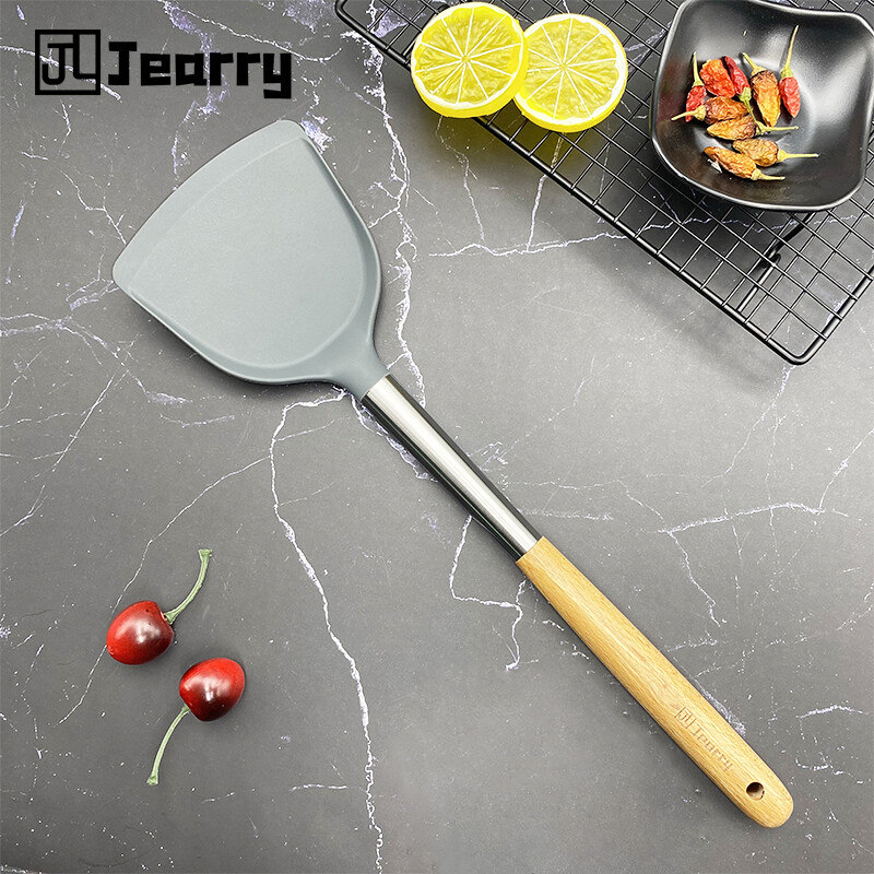 Gambar Jearry Stainless Steel Sicilone Spatula Wooden Handle Heat Resistant Food Grade Cookware