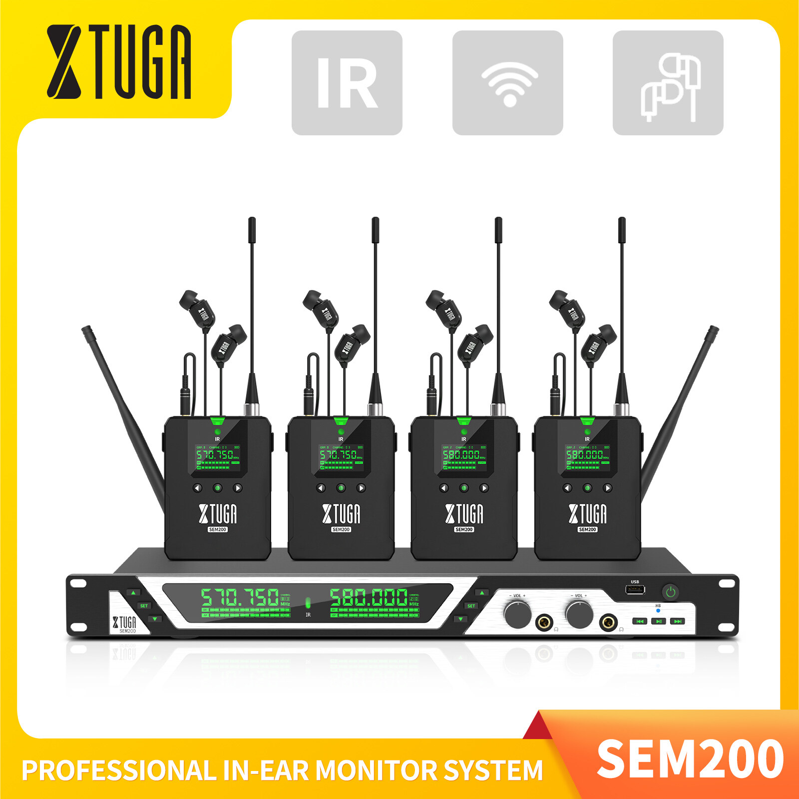 XTUGA SEM200 UHF Stereo Wireless In Ear Monitor System 2 Channel Transmitter With 4 Bodypack Receiver, Professional Used for DJ, Concert, Stage Performance Music Monitoring ราคา 9,099 บาท*ส่งฟรี