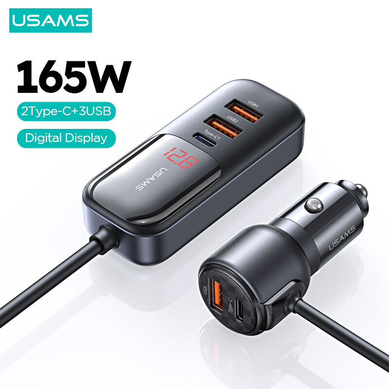 Usams 165W sạc xe nhanh với Cáp nối 2C + 3U PPS 5 Cổng màn hình hiển thị kỹ thuật số sạc độc lập với cáp dữ liệu 1.5m