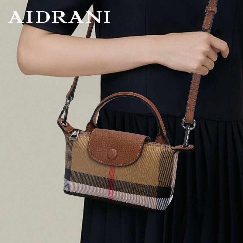Aidrani Túi xách nữ kiểm tra cổ điển một vai, túi vải kraft màu caramel