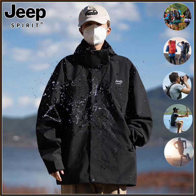 Jeep Spirit Outdoor Jacket Detachable Hat Waterproof Windproof Breathable Jacket Climbing Hiking Unisex High Quality Couple Jacket ราคา 589 บาท*ส่งฟรี
