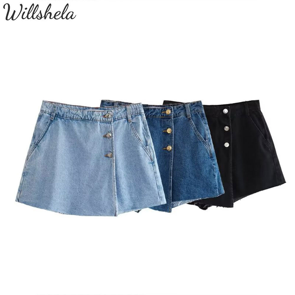 Willshela thời trang nữ Quần lửng denim A-line quần lửng quần lửng giản dị cạp cao cho nữ nữ sang trọng