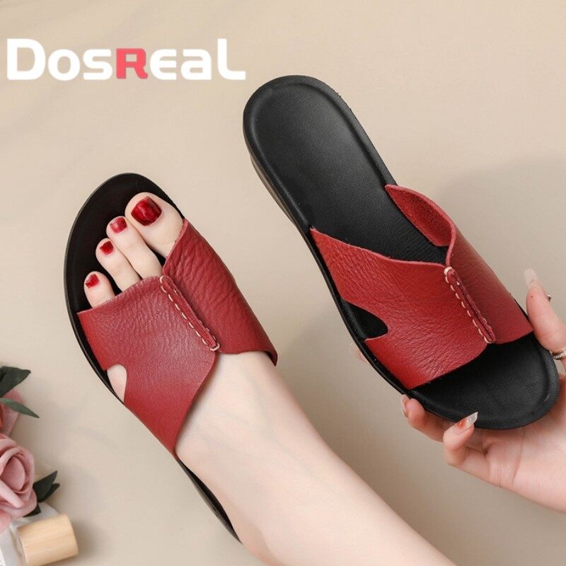 DOSREAL Flats Slippers for Women Sale Korean Fashion Genuine Leather Ladies Beach Slippers Summer Breathable Flats Slippers Slides for Woman ราคา 457 บาท*ส่งฟรี
