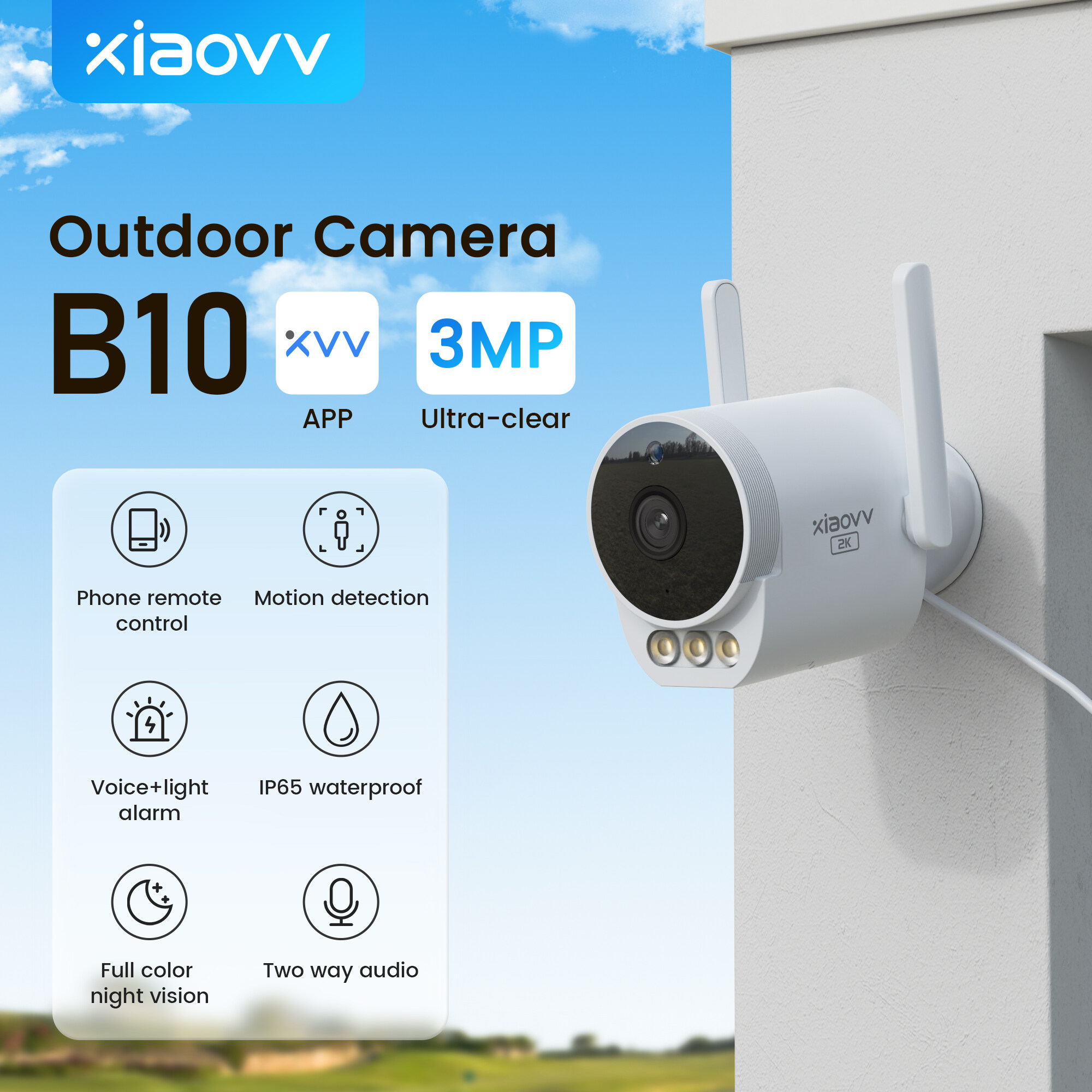 Xiaovv B10 CCTV Camera IP không dây ngoài trời IP65 HD chống nước 1296P 110 ° xem Wifi giám sát thời gian thực điều khiển từ xa bằng giọng nói xem đầy màu sắc nhìn trong đêm