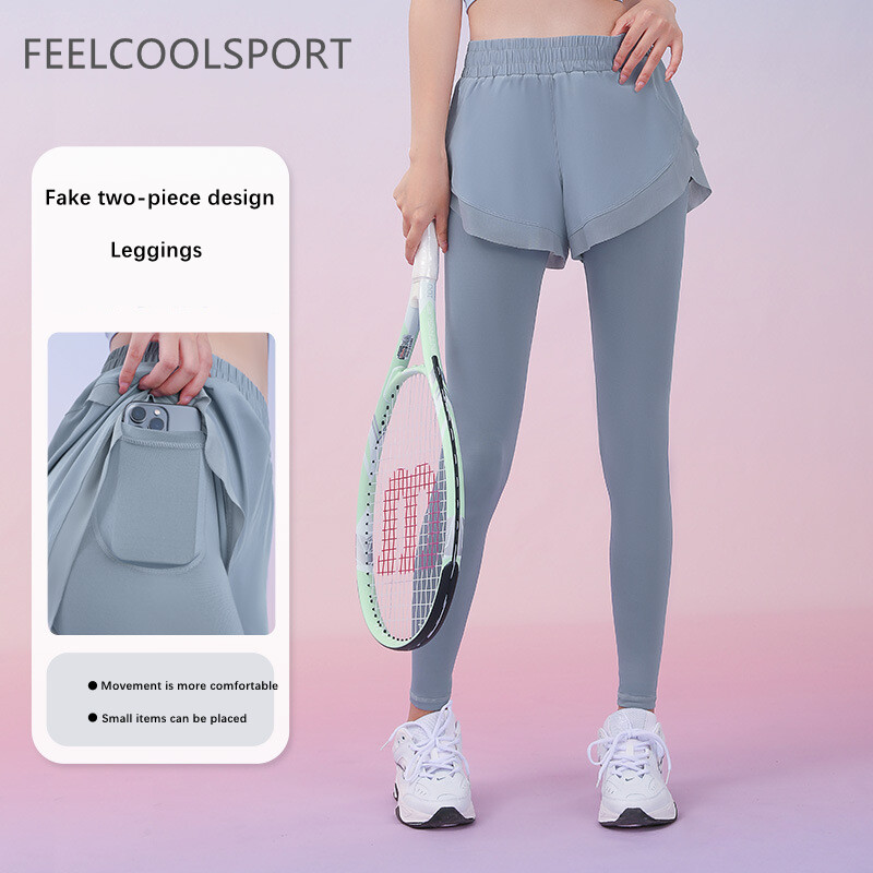 Feelcoolsport quần bó yoga giả hai mảnh quần có túi trong quần tập thể dục thoáng khí màu nude quần tập yoga nâng hông cạp cao