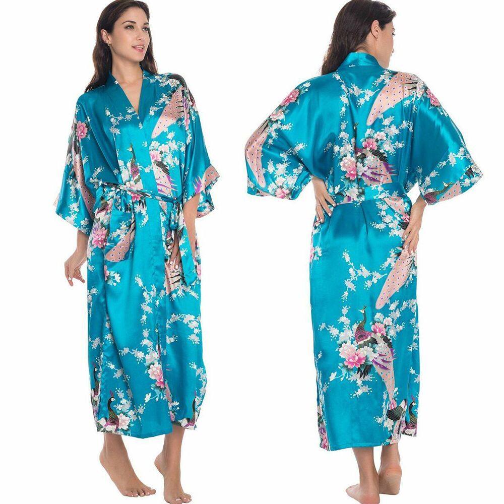 LILYandGIRL Áo Choàng Áo Choàng Áo Choàng Tắm Kimono Con Công Satin Đồ Ngủ Áo Choàng Ngủ Quần Áo Ngủ 7