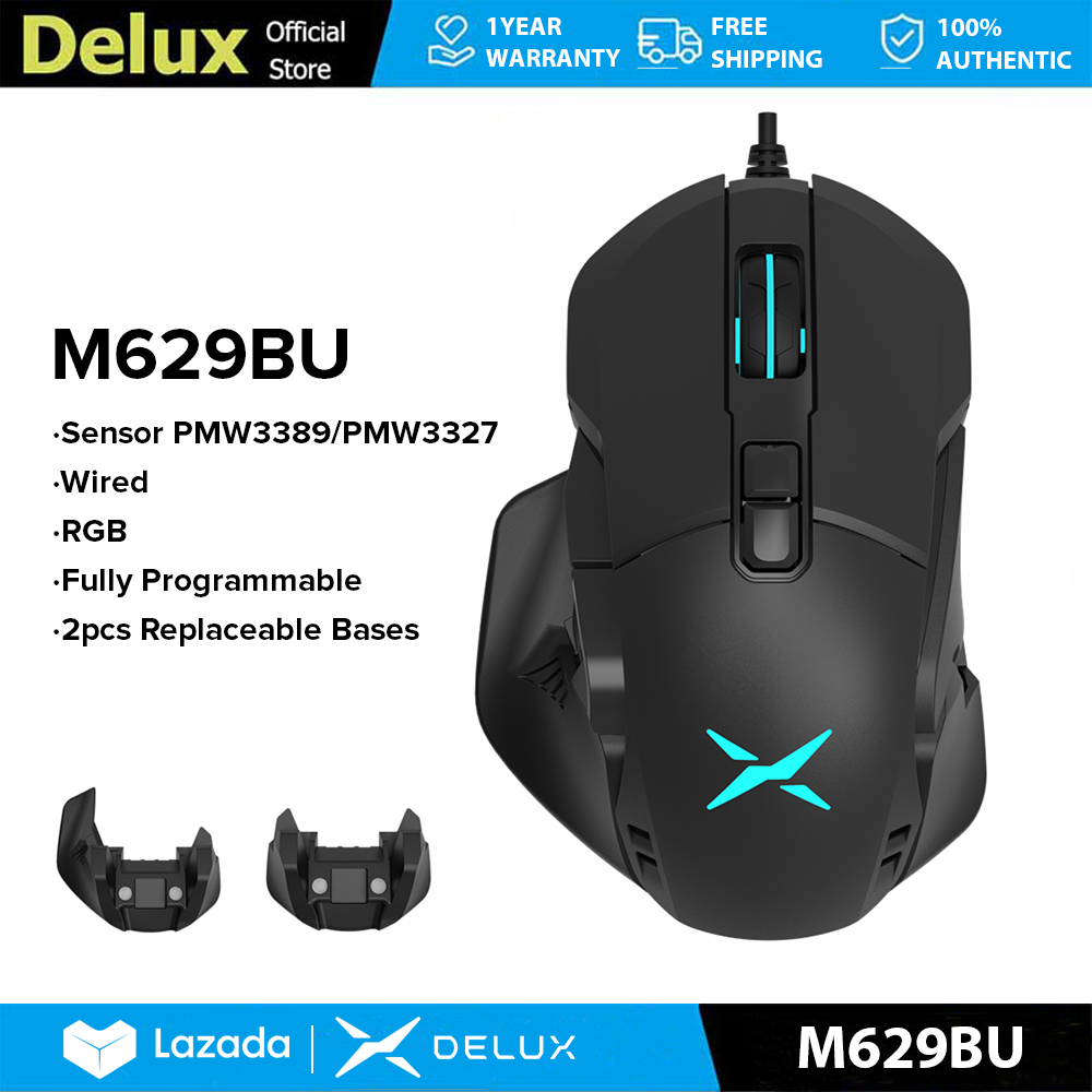 Delux M629BU PMW3327 PMW3389 Chuột chơi game có dây dpi Max 16000 7 nút bấm có thể lập trình với đèn RGB 80g Trọng lượng nhẹ cho PC/máy tính xách tay/Windows/Mac