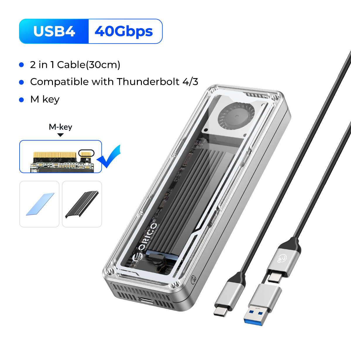 ORICO 40Gbps usb4 M.2 SSD bao vây Loại C 8TB với quạt tản nhiệt pcie4.0 NVMe bao vây nhôm tương thíc