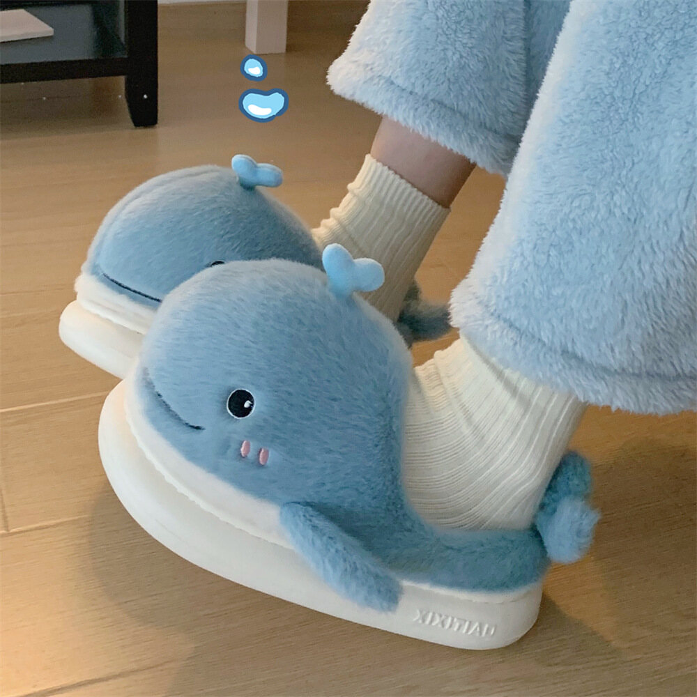 XIXITIAO Cotton slippers with creative cute whale all inclusive heel and plush warm fur shoes for students in autumn and winter, comfortable indoor cotton slippers for women ราคา 280 บาท*ส่งฟรี