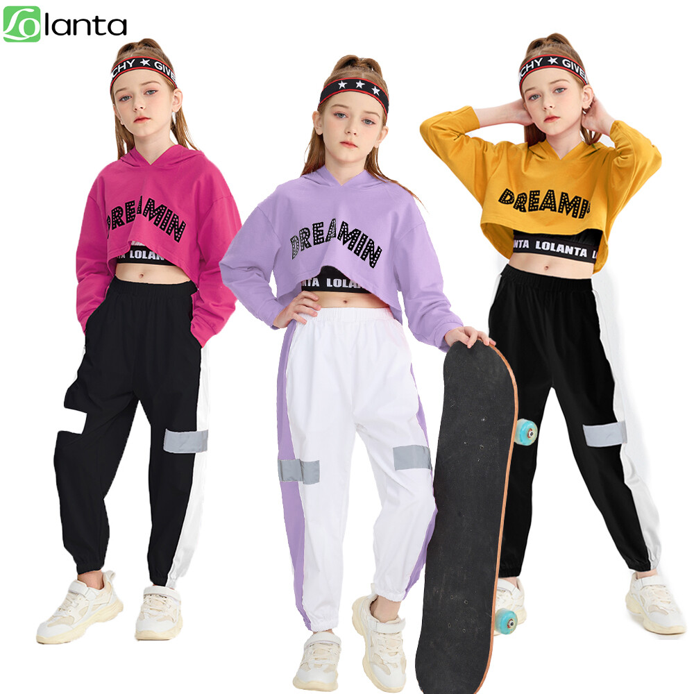 LOLANTA Hiphopkleding voor meisjes, Streetdance-outfit, hoodie, trainingspak voor kinderen met joggingbroek (Blauw, 164