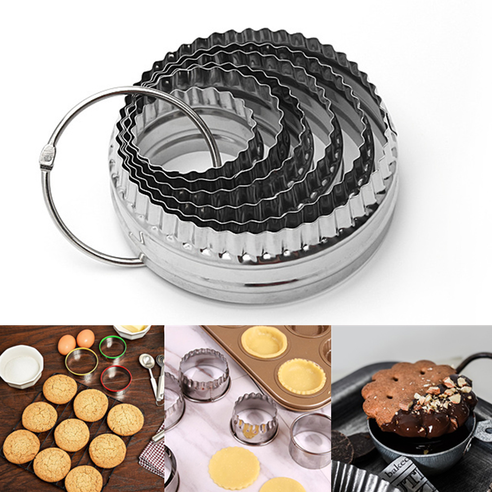 Gambar SurgeHai 6pcs set Cake Mould Fluted Cookie Cutter Stainless Steel Round Circle Shape Biscuit DIY Baking Mold Cake Tools Decorating Fondant for Party