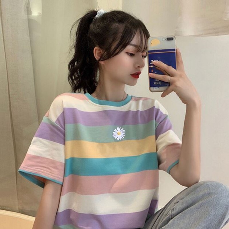 Stunning Lady Summer Korean Loose-fitting Style Half-sleeved Rainbow  Striped Short-sleeved T-shirt | Lazada PH