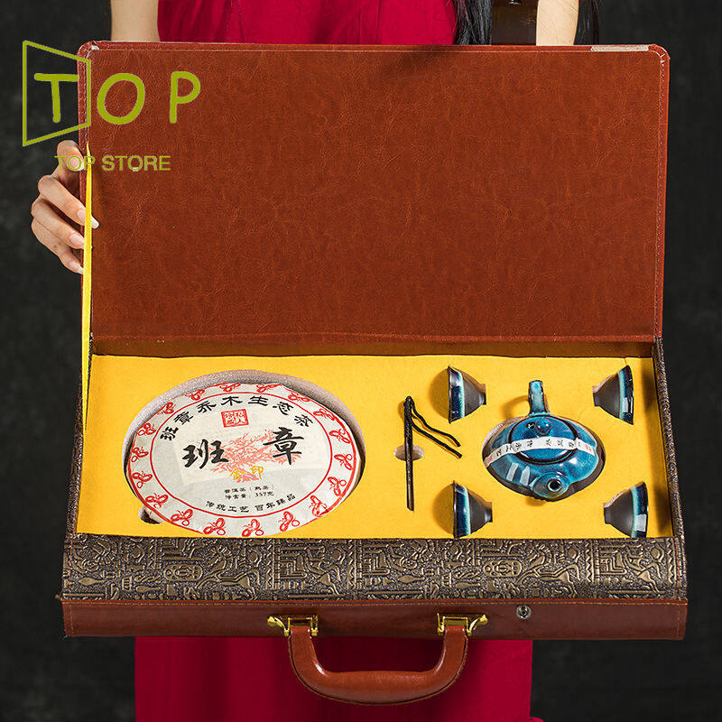 Gambar [Quality guaranteed, in stock] Ripe Pu er tea gift box gift gift 357g tea free tea set ????