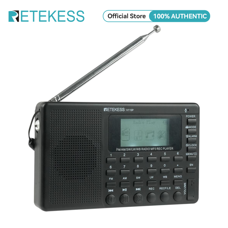 Retekess V115 FM AM SW kỹ thuật số di động radio có thể sạc lại đài phát thanh Tuner thẻ hỗ trợ TF AUX MP3 và giắc cắm tai nghe ghi âm loa cho ngoài trời du lịch kỳ nghỉ Quà Tặng