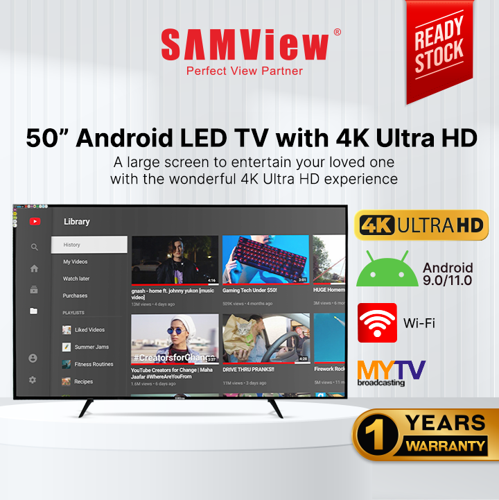 SAMView Smart Digital LED TV With Android OS V.9 4K Ultra HD MYTV DVB-T2 Ready (50") Harga 1,288 Ringgit*Penghantaran Percuma