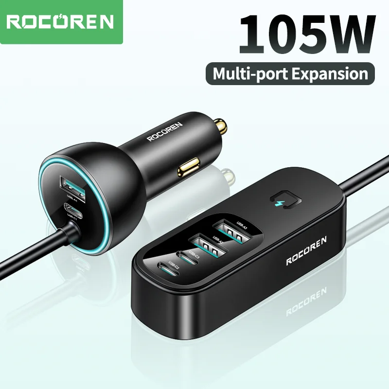 Rocoren 105W 6 in 1 Multi Port Car Charger Back Seat Fast Charging USB Type C Backseat Power Adapter Giá 599,000 Đồng*Miễn phí vận chuyển
