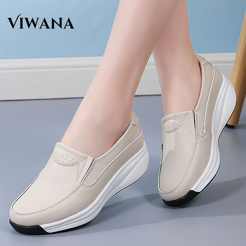 VIWANA Wedges Shoes For Women Leather Casual Shoes Korean Style Black