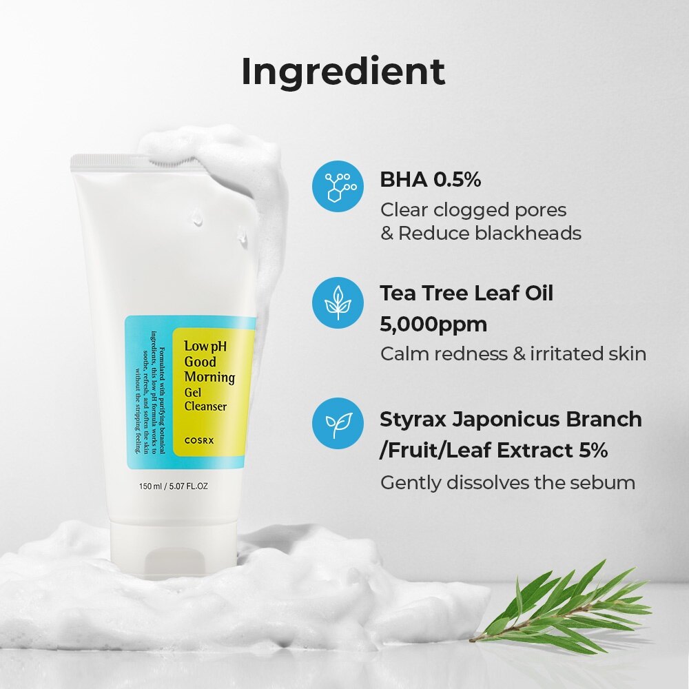 Gambar Low pH Good Morning Gel Cleanser 150ml, BHA 0.5%, Tea Tree Leaf Oil 0.5%, Daily Mild Cleanser for Sensitive Skin duo kit
