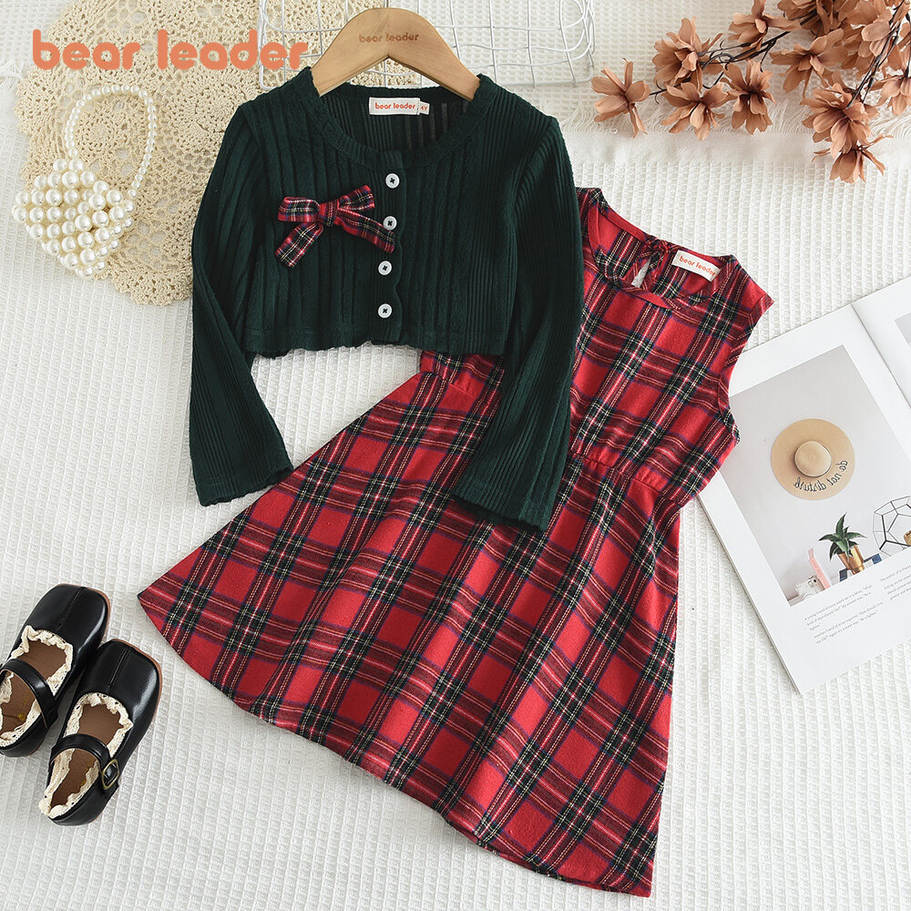 Gấu Lãnh Đạo Christams Bộ váy Cho 3 4 5 6 7 Năm Cô Gái Màu Xanh Lá Cây Áo cardigan dệt kim Bow Áo Và kẻ sọc vuông đỏ Vest Dresses 2 Mảnh Phù Hợp Với Bé Cô Gái Của Đầm dự tiệc buổi tối