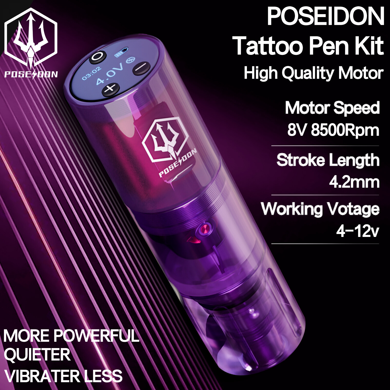 Poseidon bút Tattoo không dây máy xăm với 1500mAh Công suất cung cấp điện, 4.2 mét đột quỵ bút Tattoo với màn hình đèn LED kỹ thuật số, hình xăm bút không dây phụ kiện xăm hình cho nghệ sĩ