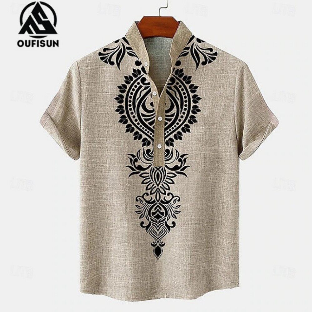  【Oufisun áo sơ mi Retro Áo sơ mi nam phong cách dân tộc Áo ngắn tay ngoại cỡ áo nam thường ngày 