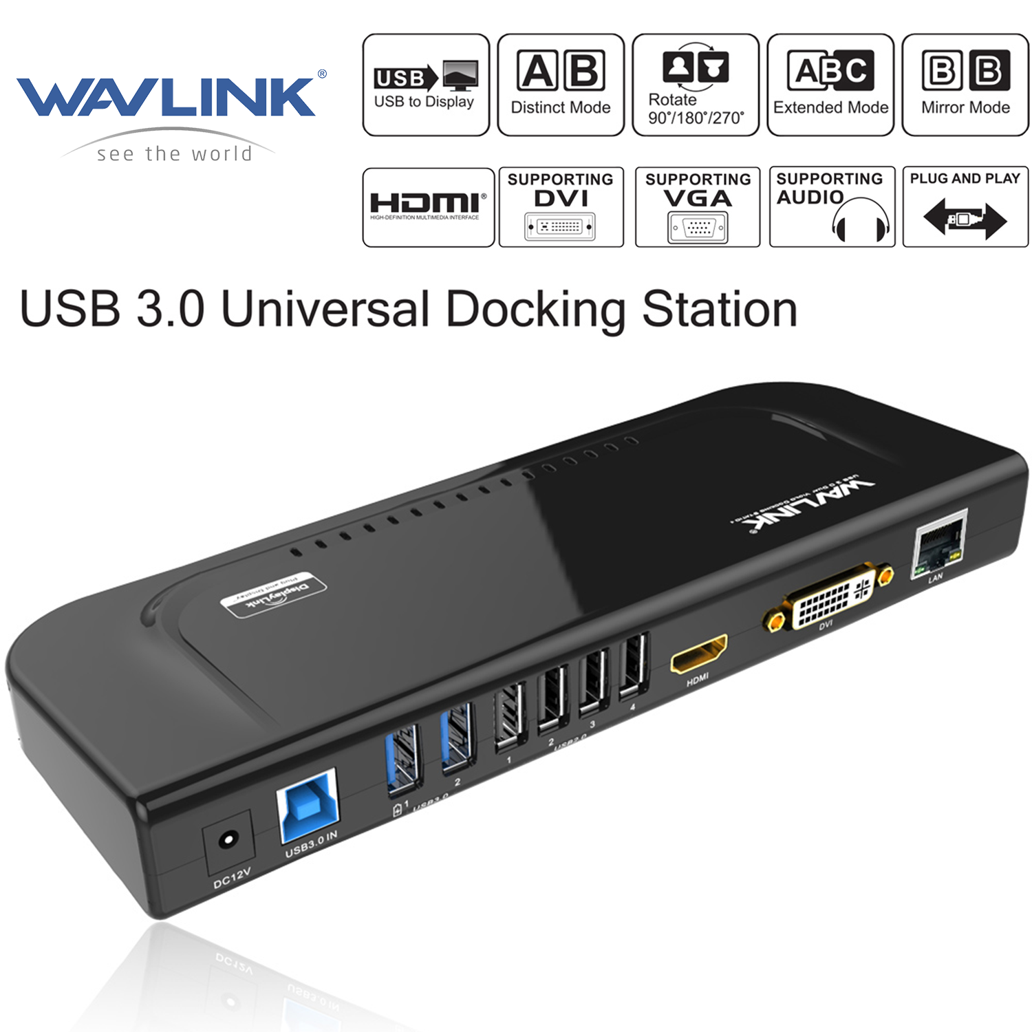 Wavlink USB 3.0 phổ hiển thị thời gian kép trạm nối với Gigabit Ethernet